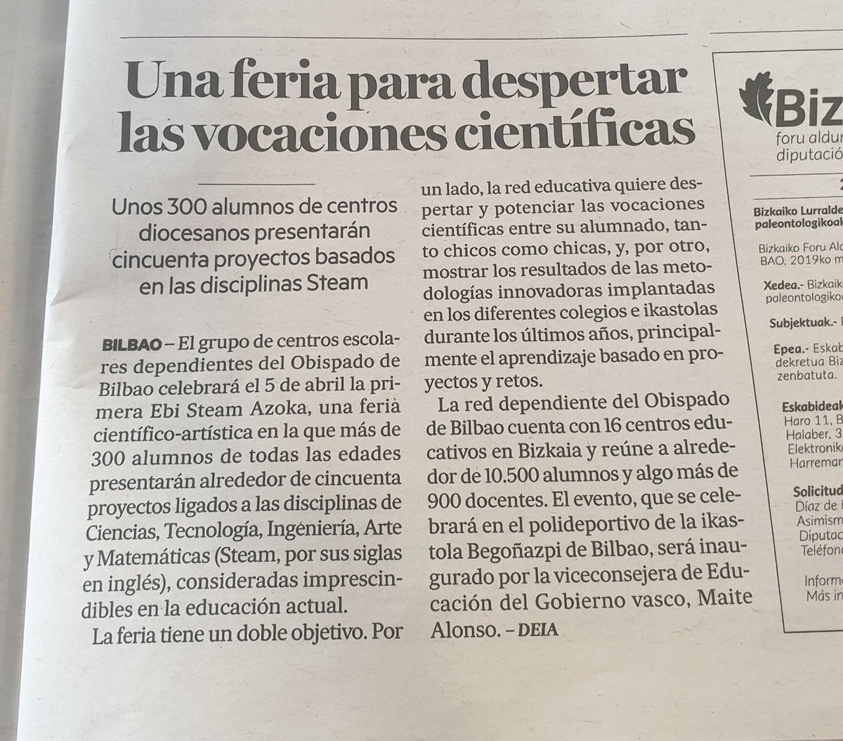 El diario DEIA recoge la feria #STEAM que celebraremos el próximo viernes 5 de abril. La apuesta de EBI por la #educación más avanzada. Mirad: 
(ciencia, tecnología, ingeniería, arte y matemáticas).
#ElizbarrutikoIkastetxeak #CentrosDiocesanos #EBI
