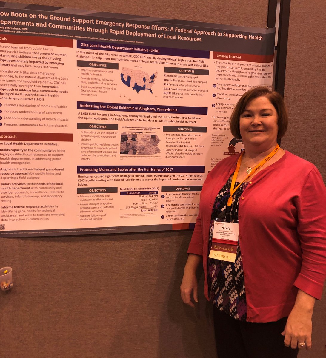 CDC_NCBDDD's tweet photo. CDC’s Nicole Fehrenbach sharing a poster on NCBDDD’s Zika Local Health Department Initiative, a program that rapidly deployed local, highly qualified field assignees in areas with risk of Zika, at the 2019 @NACCHOalerts @prepsummit. #prep19 https://t.co/fuKzO2i1gY