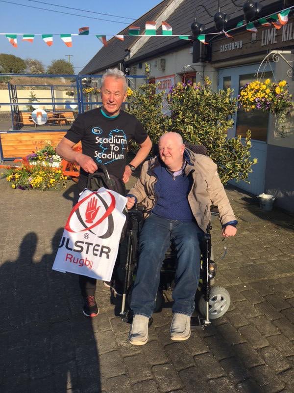 KingspanToAviva's tweet photo. With Bernard Healy, from @skerriesrugby who found me - that @UlsterRugby flag must have been the giveaway! #stadiumtostadium #LeinstervUlster #LEIvULS https://t.co/ItB2jpCuMr