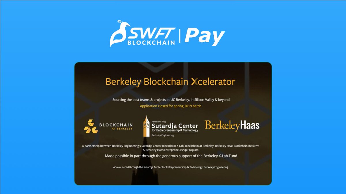 SwftCoin's tweet photo. We are honored to be a part of the first batch of startups at #BerkeleyBlockchainXcelerator! 
@CalBlockchain @BerkeleyHaas @SutardjaCenter @UCBerkeley
 
👊 🏅 Proud to have gotten one of the 12 spots out of 100s of applicants!
 
https://t.co/9pyGqRQoPP

#SWFTPay #SWFTBlockchain https://t.co/a4dpruadfQ