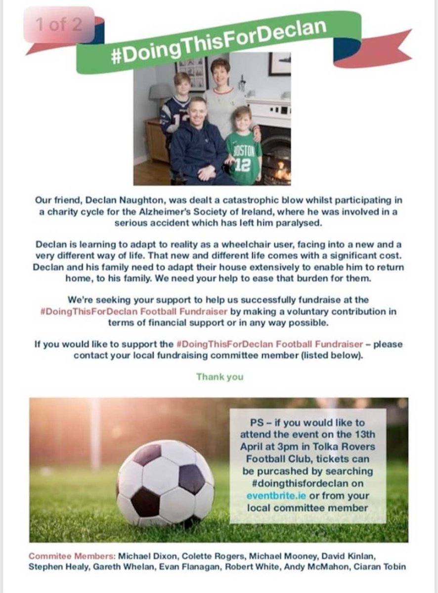 There's a charity football match for <a href="/DoingThisForDec/">Doing This For Declan</a>, he was paralyzed after an accident on a charity cycle. If you're looking for something to do Sat April 13th and help raise funds for his recovery, you can get tickets and info here: eventbrite.ie/e/doingthisfor…