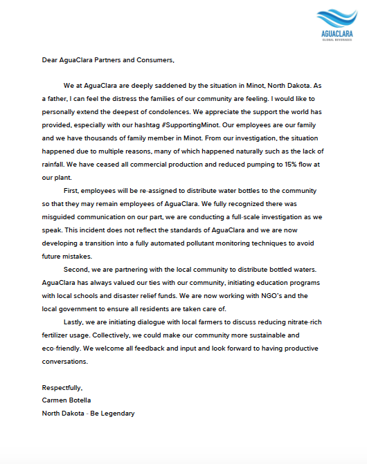 AguaClara has issued a press release statement. #CrisisChallenge2019 #SupportingMinot