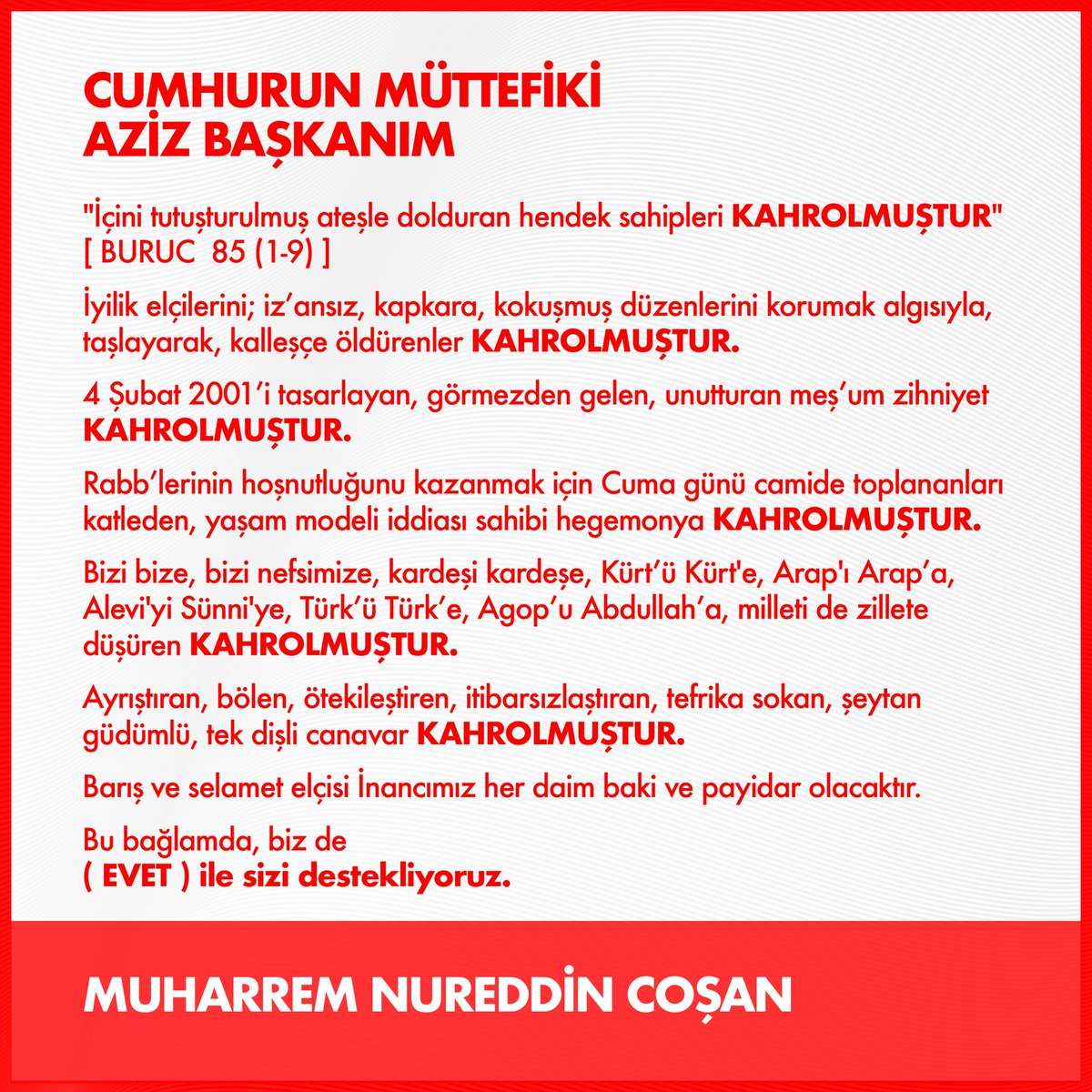 #CumhurunMüttefiki

İyilik elçilerini ; iz'ansız, kapkara, kokuşmuş düzenlerini korumak algısıyla, taşlayarak, kalleşçe öldürenler KAHROLMUŞTUR.

@RT_Erdogan