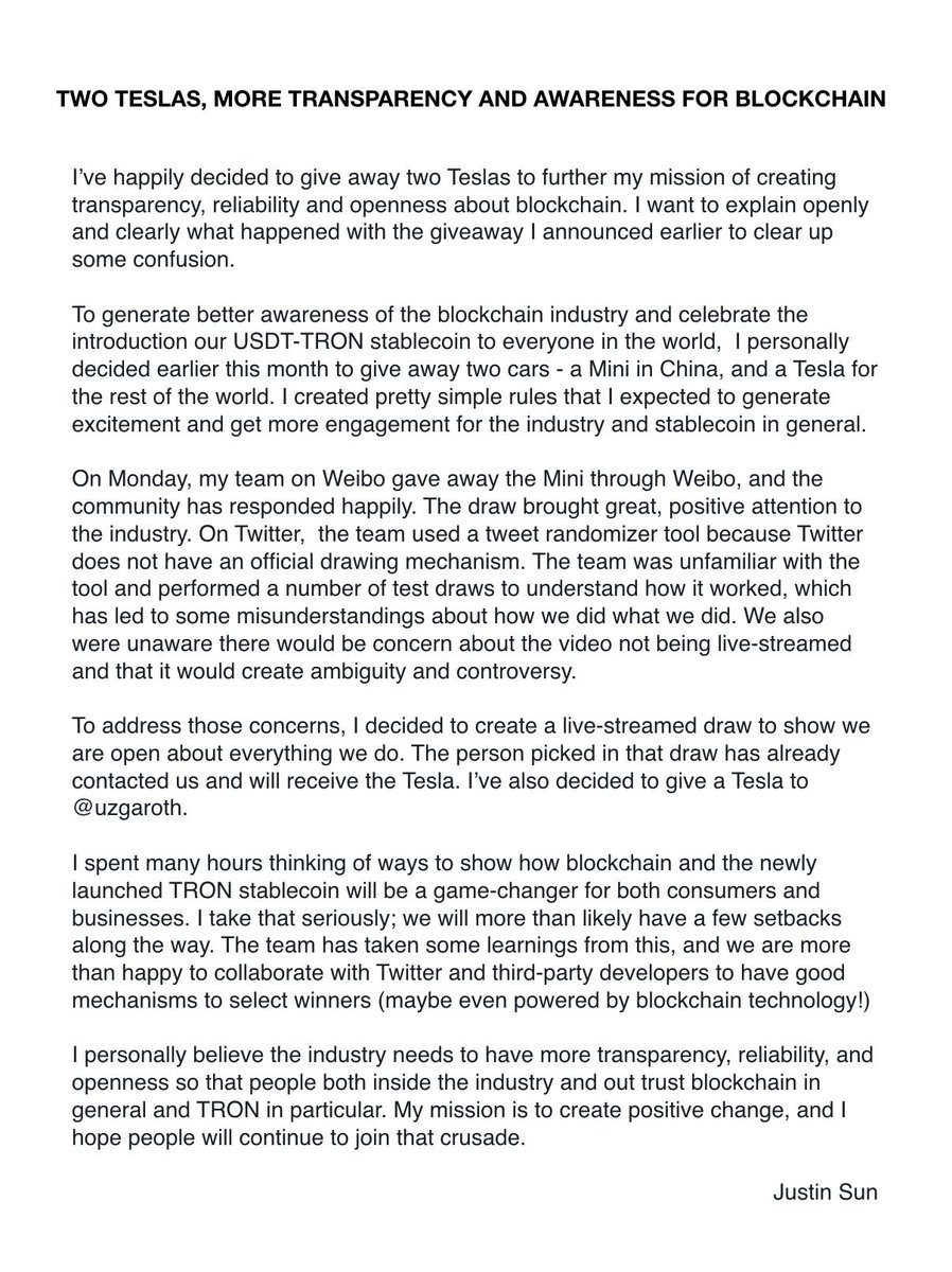 justinsuntron's tweet photo. To bring awareness to the blockchain community, keep fostering transparency, reliability &amp; openness in our values, I decided to offer two Tesla! Congratulations @uzgaroth &amp; @LeoHuynhPro thanks for believing in our mission. More info in my statement https://t.co/mECuxQMq0d https://t.co/H9eBLAqNoO
