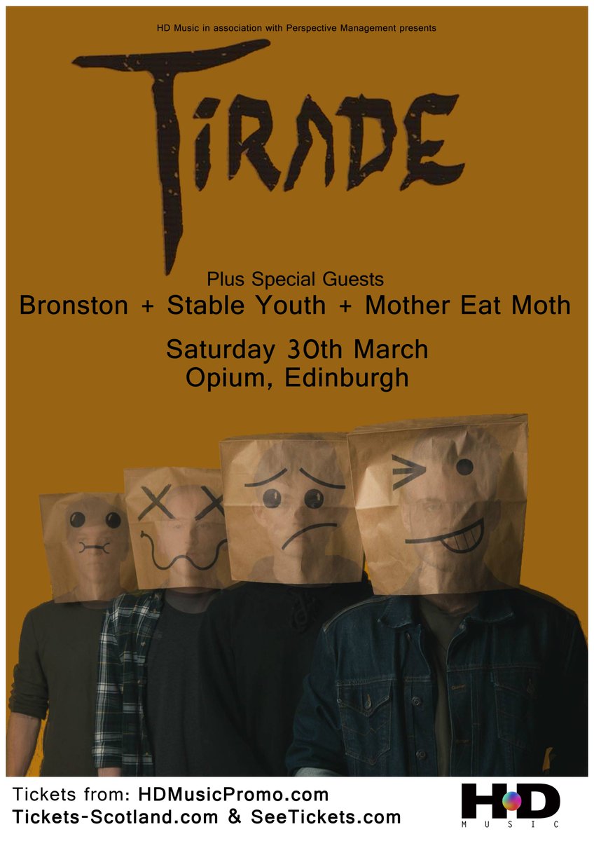 TOMORROW. <a href="/OpiumEdinburgh/">Opium Edinburgh</a> Our favourite new band @TIRADEband with support from <a href="/bronston_band/">Bronston</a> <a href="/stableyouthband/">Stable Youth</a> and Mother Eat Moth! Tickets: HDMusicPromo.com