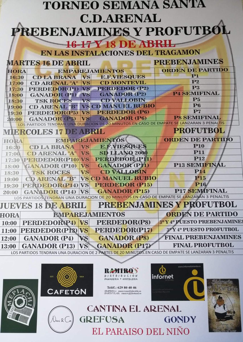 Aquí tenemos el calendario del torneo de Semana Santa en categorías prebenjamín y profútbol. Os esperamos!! #semanasanta #piensaenverde