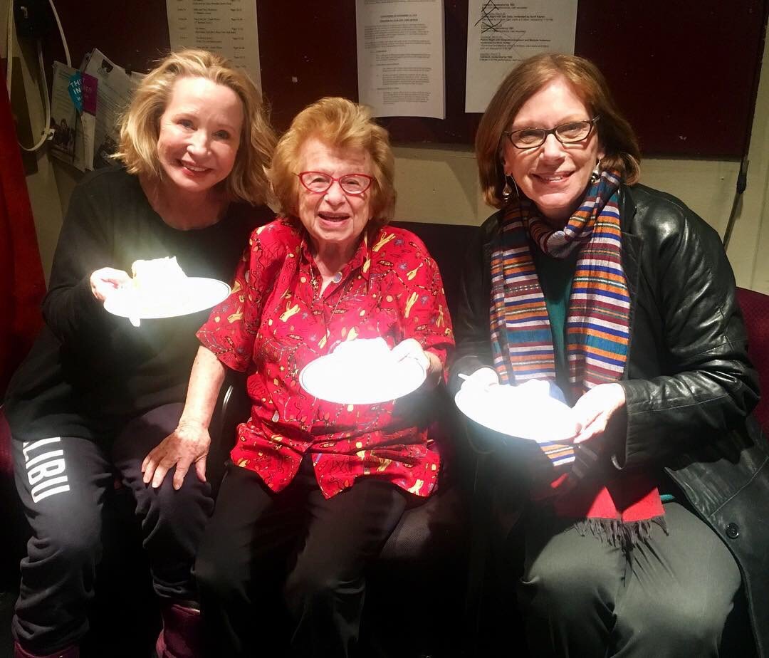 AskDrRuth's tweet photo. @DJRupp me and Julie Boyd, Artistic Director of @BarringtonStage backstage after seeing DJ in @TheCake, having our cake and eating it! DJ was brilliant and rest of the cast superb. Go see it! Twice! https://t.co/7Wa6hOxY1V