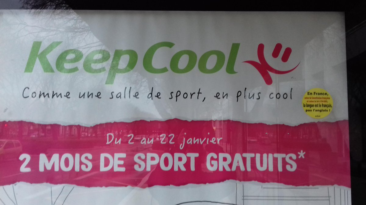 Rouquerol34's tweet photo. #JeColleContreletoutanglais, contre l'#anglomanie de #keepcool qui, avec son nom #anglais, ne respecte pas la #languefrançaise. Si @KeepCoolDG ne veut pas notre #langue, ne lui donnons pas notre #argent ! #sport #fitness #EnPlusCool #vivrehealthy #salledesport #EntrainementVIP https://t.co/n6HRvFHqrU