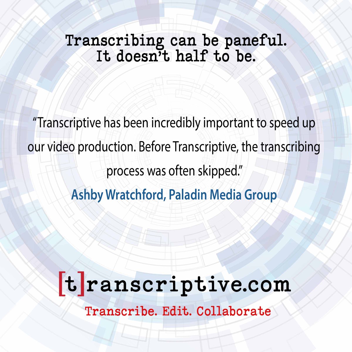 transcriptive's tweet image. Wondering why you should try our #TranscriptiveSuite at #NAB2019? @PaladinMedia explains how our transcription, collaboration, and search tools are helping them to speed up their #videoProduction workflow! Check their user #Transcriptive #userstory: tinyurl.com/y6b97vuj