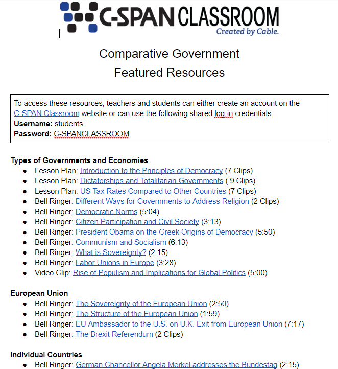 CSPANClassroom's tweet image. Are you teaching AP Comparative Government this year? Have your students review using the video resources on our Featured Resources site which provide examples of governments from around the world.
docs.google.com/document/d/10G… #apcomparative