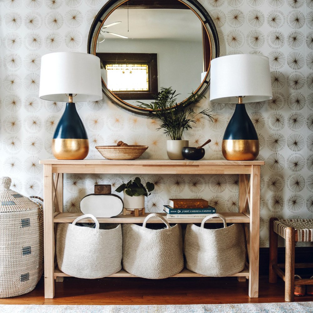 Tempaper's tweet photo. A room reveal with our Goodbye Moon print. #entryway perfection by @nestingwithgrace π #tempaper #nestingwithgrace #removablewallpaper Shop the design here: https://t.co/pG94VuudwJ https://t.co/iYRzitaslC