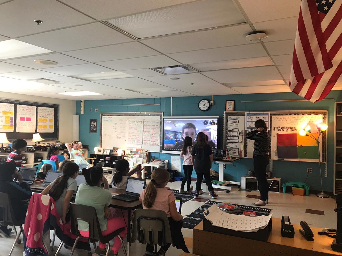 AmberKGress's tweet photo. Experienced our first #mysteryskype today with @mrvesco and his amazing class!!  We were nervous but they helped us through it.  Can’t wait to do another one!  #hamlinhawks #RCSpride https://t.co/6VT2wmTu99
