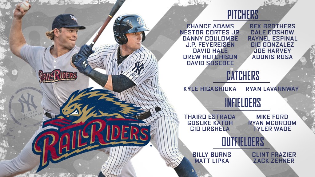 NYYPlayerDev's tweet photo. Yankees Minor League rosters are in. Here is how @swbrailriders (AAA), @TrentonThunder (AA), @TampaTarpons (A+), and @ChasRiverDogs (A) will look: https://t.co/jWWXbgEj7x