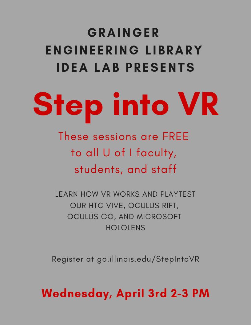 UI_IDEAlab's tweet image. Next week we will be hosting another session on VR! Join us April 3 from 2-3 PM to learn how VR works and playtest with four different headsets. Register at go.illinois.edu/StepIntoVr #IDEAFriday