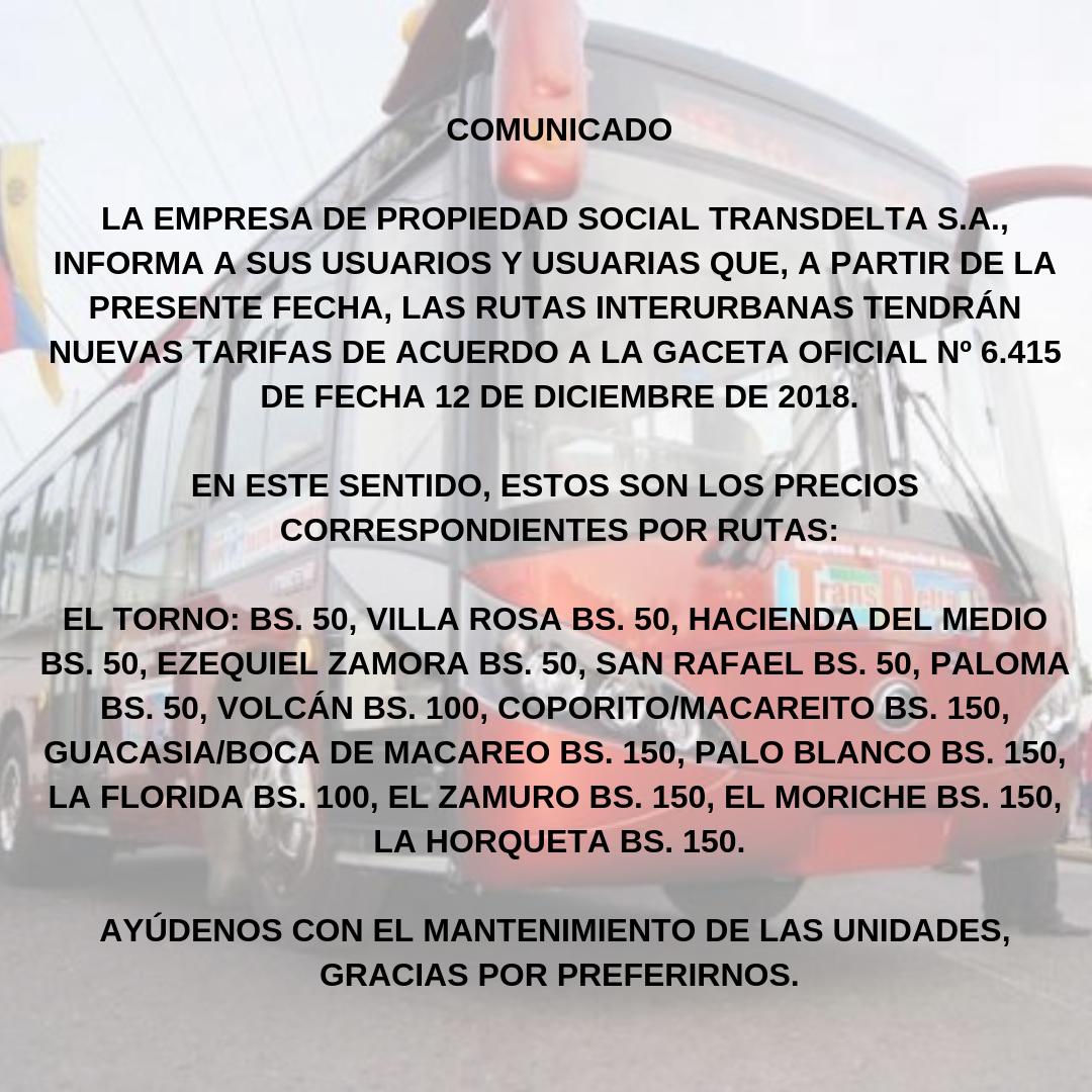 Seguimos con la premisa de ser  vanguardia en materia de transporte revolucionario en el estado #DeltaAmacuro!  Y para seguir optimizando nuestro funcionamiento, anunciamos al pueblo las nuevas tarifas de servicio en rutas interurbanas! #29Mar #VenezuelaDefiendeLaPaz <a href="/GobLizeta/">Lizeta Hernández Abchi</a>