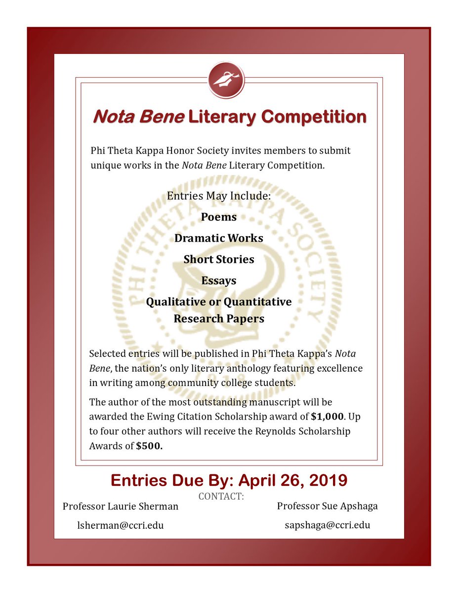 PTKJSRCC's tweet photo. The 2019 Nota Bene competition is now open. Only Phi Theta Kappa members may submit manuscripts. Members may only submit manuscripts while enrolled in the college. Deadline: 5 pm CT on Friday, April 26, 2019.

#notabene #reynoldsphithetakappa #honorsociety #literarycompetition https://t.co/7aZ4fu5NJp