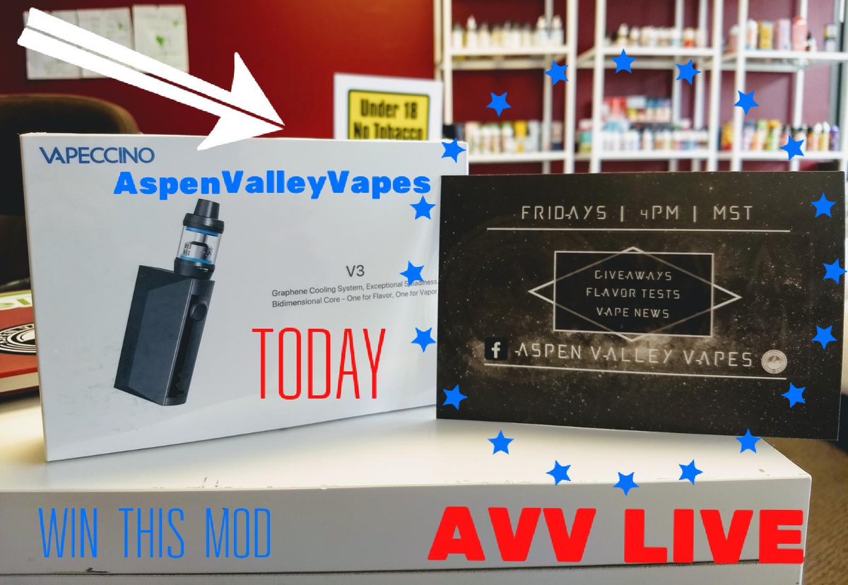 AspenValleyVape's tweet photo. 📲💻🤩 Join us for "AVV Live" today at 4pm mountain time right here on FB Live. We are going to be giving away a #vapeccino V3 Kit! As always best question/comment during the show wins! #vapers #giveaway https://t.co/g6I8GRajZd