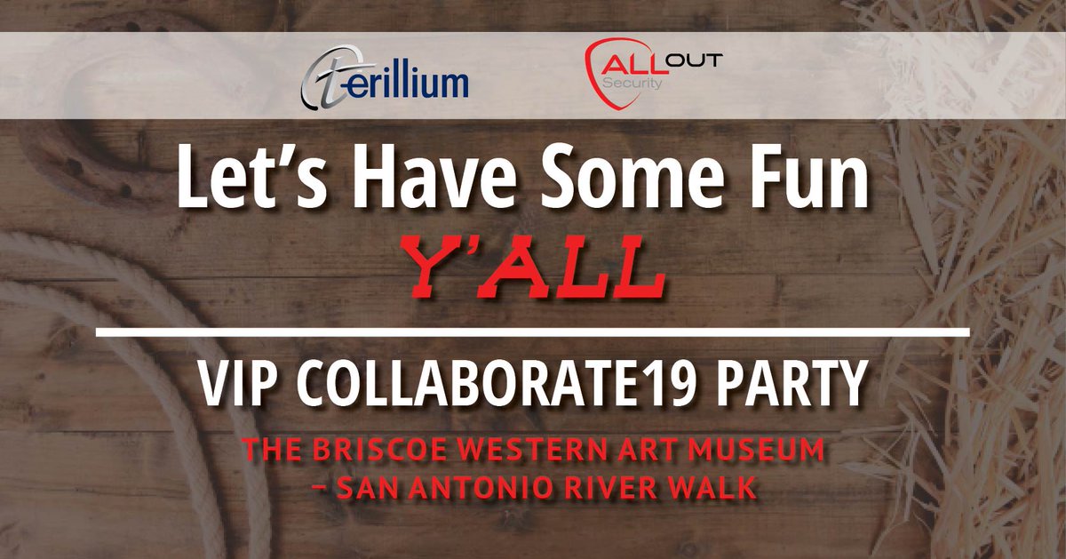 Excited to partner with <a href="/alloutsecurity/">ALLOut Security</a> for our VIP Party at COLLABORATE19! Will you be there? hubs.ly/H0gVl8n0 #C19TX