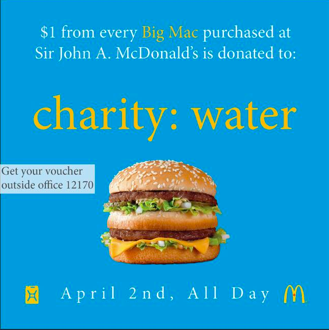 CharityWater3's tweet photo. On April 2nd for every customer that brings a charity water voucher to the McDonald’s at the Kingston Centre and orders a Big Mac $1 will be donated to charity water!
#proudtobeslc #buildthewell #charitywater @whatsinsideslc @charitywater https://t.co/ueBReJ8tU4
