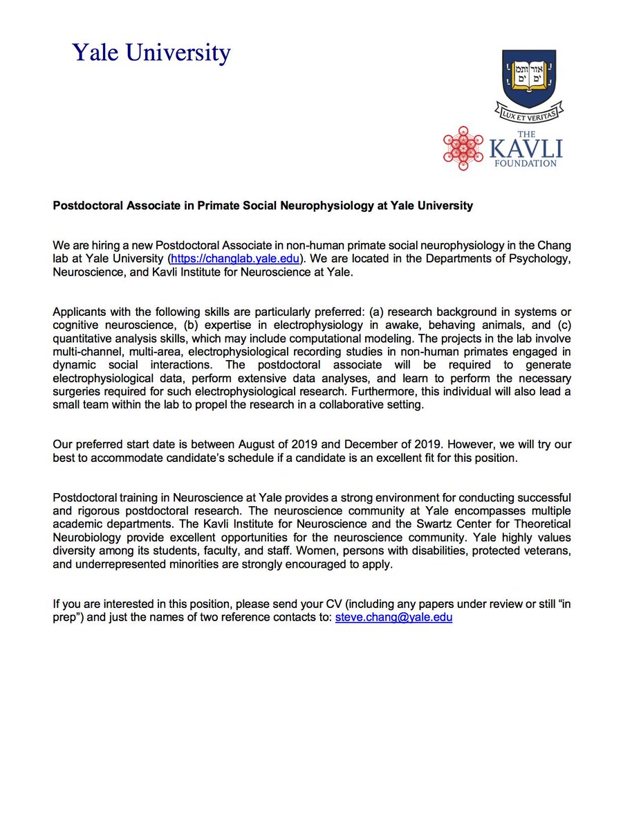 stevewcchang's tweet photo. Please spread the word if you know of anyone looking for a postdoc position in social neurophysiology! https://t.co/q3NwE4rhlE