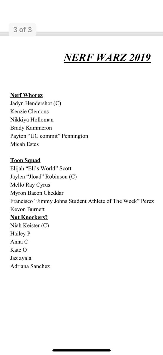 HamiltonNerf69's tweet photo. Rosters for Nerf Warz 2019.
Bracket will be released later tonight. #nerfup https://t.co/dQHMQJXQNT