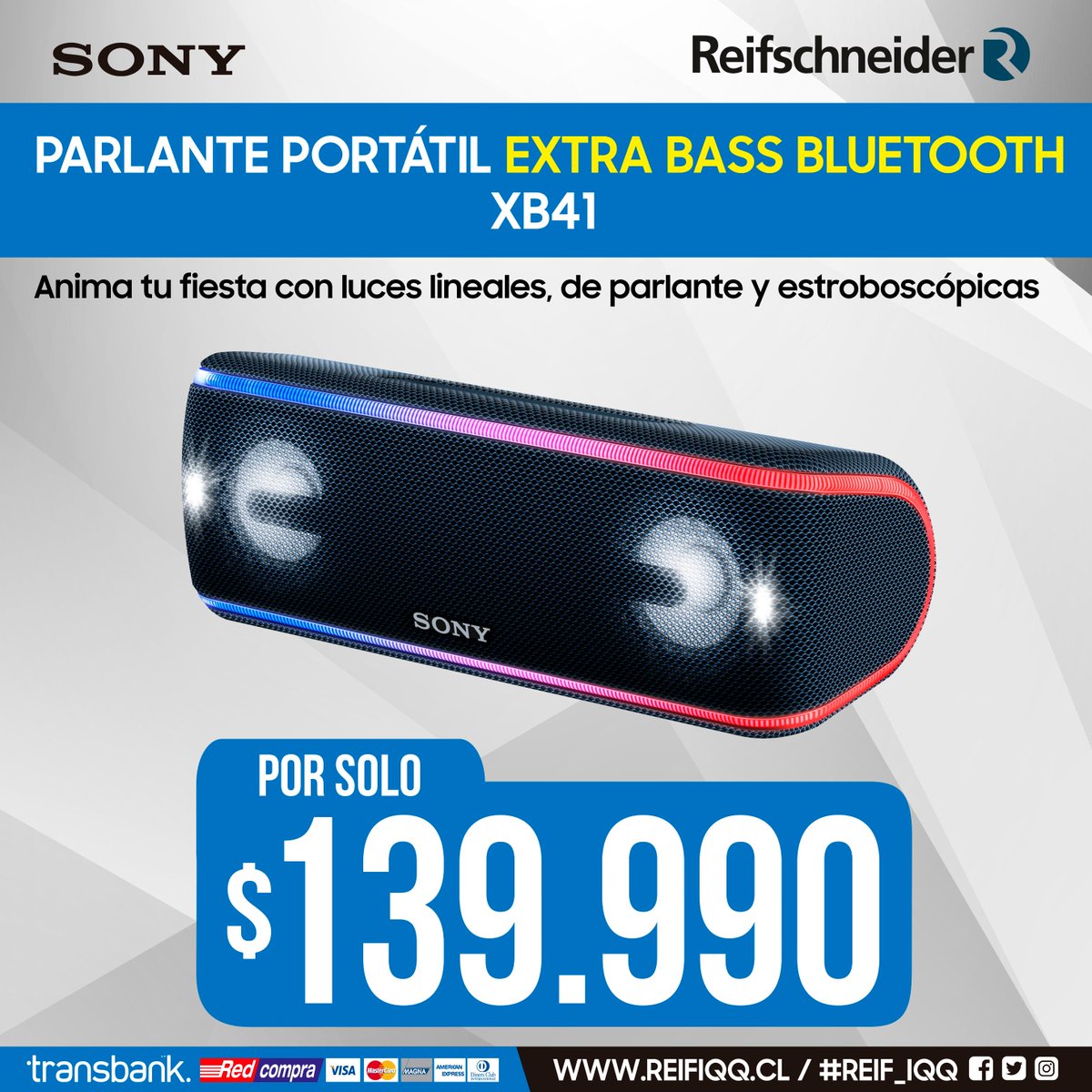 Reif_Iqq's tweet photo. Parlante portátil EXTRA BASS™ XB41 con BLUETOOTH DE #Sony 
Anima tu fiesta con luces lineales, de parlante y estroboscópicas
A prueba de agua y al polvo 
Hasta 24 horas de duración de la batería.
Solo en nuestros módulos: 1124 &amp; 6000
#Reif_iqq #MallZofri #zofri #iquiquegram https://t.co/yHAqOXP5is