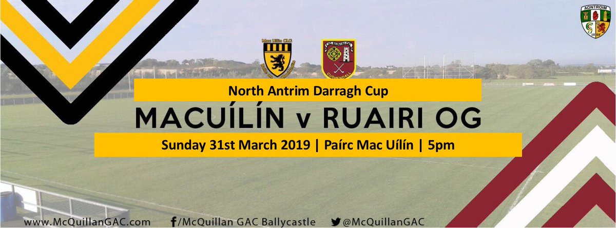 McQuillanGAC's tweet photo. Sunday 31st March 2019
The first outing for our Minor Hurlers of 2019 as they take on @RuairiOgCdall in the North Antrim Darragh Cup at @PaircMacUilin
Ádh Mór a bhuachaillí 🌓
Show your support as their season gets underway! #oneclub #3codes https://t.co/9gVrcPUpjT