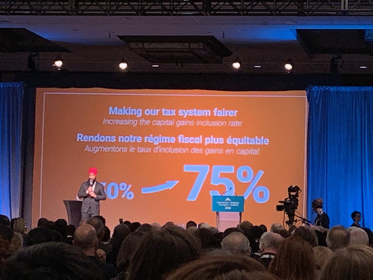toby_sanger's tweet photo. At #ProgressSummit2019 @theJagmeetSingh outlines how the @NDP would make our tax system fairer and pay for badly needed public services, including by increasing tax rate on investments. https://t.co/ss7TqTv3Rr