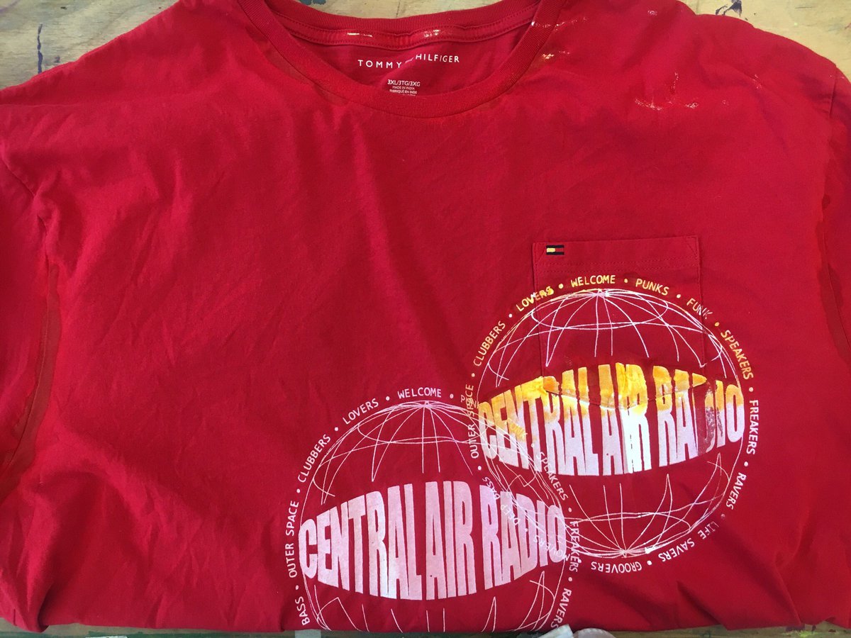 centralairradio's tweet image. ‘Day After the Rave’ Tee. $11.  Printed on select Tall Tees (2X-3XL) from the archive. Only available in RED or WHITE. Each tee is one of a kind. Available to purchase in Chicago, Sunday during Open Studio at HPAC #abject #talltee #doubleexcel #dayaftertherave