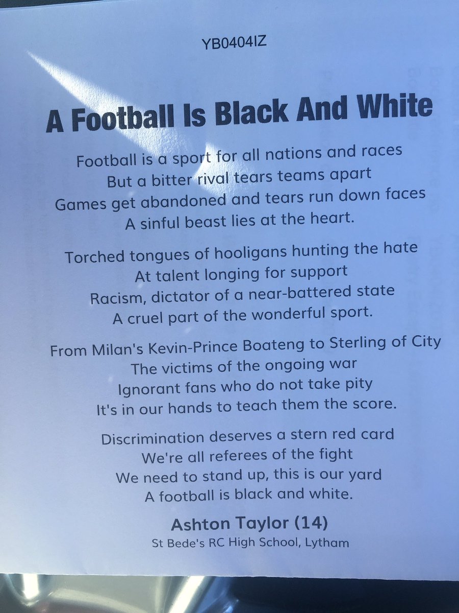 Twiddleydoo's tweet photo. @sterling7 My son wrote this poem at school a while back and it’s just been selected for publication in a young writers anthology @ash_taylor091  You’ll have to forgive him for being a Man U fan 👍 https://t.co/HJxRd3wISF
