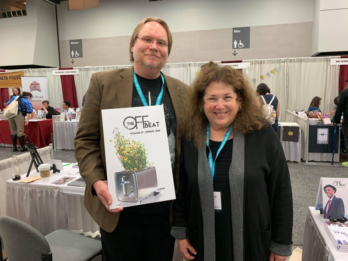 theoffbeatmsu's tweet photo. Our favorite part of #AWP19 is interacting with our authors! We were able to meet @writestuffmiami who is being published in our upcoming issue and catch up with @kbcarle from Volume 18! #toasterflowers #keeptheoffbeatweird https://t.co/fFbhKrRXYS