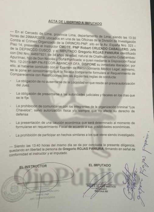 Acta que ordena la liberación de Gregorio Rojas Paniura / Fuente: Ojo Público