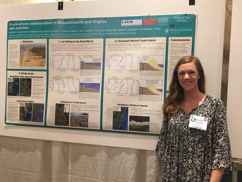 coastalgeology's tweet photo. The rest of the gang! Bianca Boggs (@__Biancuhh), Jennifer Connell (@JConnell3), &amp; Kendall King presenting their senior thesis projects on marshes and barrier islands. https://t.co/XwCDDqNhGO