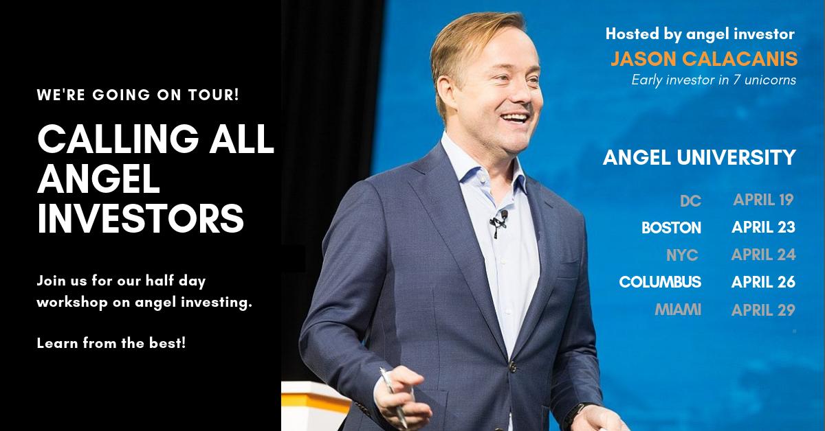 .<a href="/Jason/">@jason</a> and the <a href="/LAUNCH/">LAUNCH</a> team are going on tour in April to host Angel.University in DC, Boston, NYC, Columbus, &amp; Miami. 

Learn the playbook that @jason used to invest in over 200 startups &amp; 7 🦄's.

Register here -> angel.university/tour  

#angelinvesting  #startups
