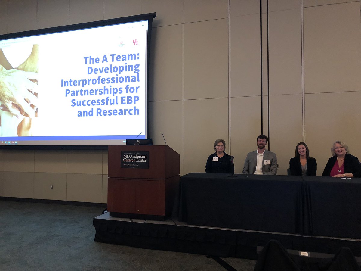 NurseScience's tweet photo. How do you build the “A” team for successful EBP and Research? Our amazing presenters @KrisHouTx from @TexasChildrens, @Britchand and @Alitacampbell01 from @MDAndersonNews and James Ribgy from @UHouston talk about building a dream team to achieve interprofessional projects! https://t.co/i9KkxFjBNu