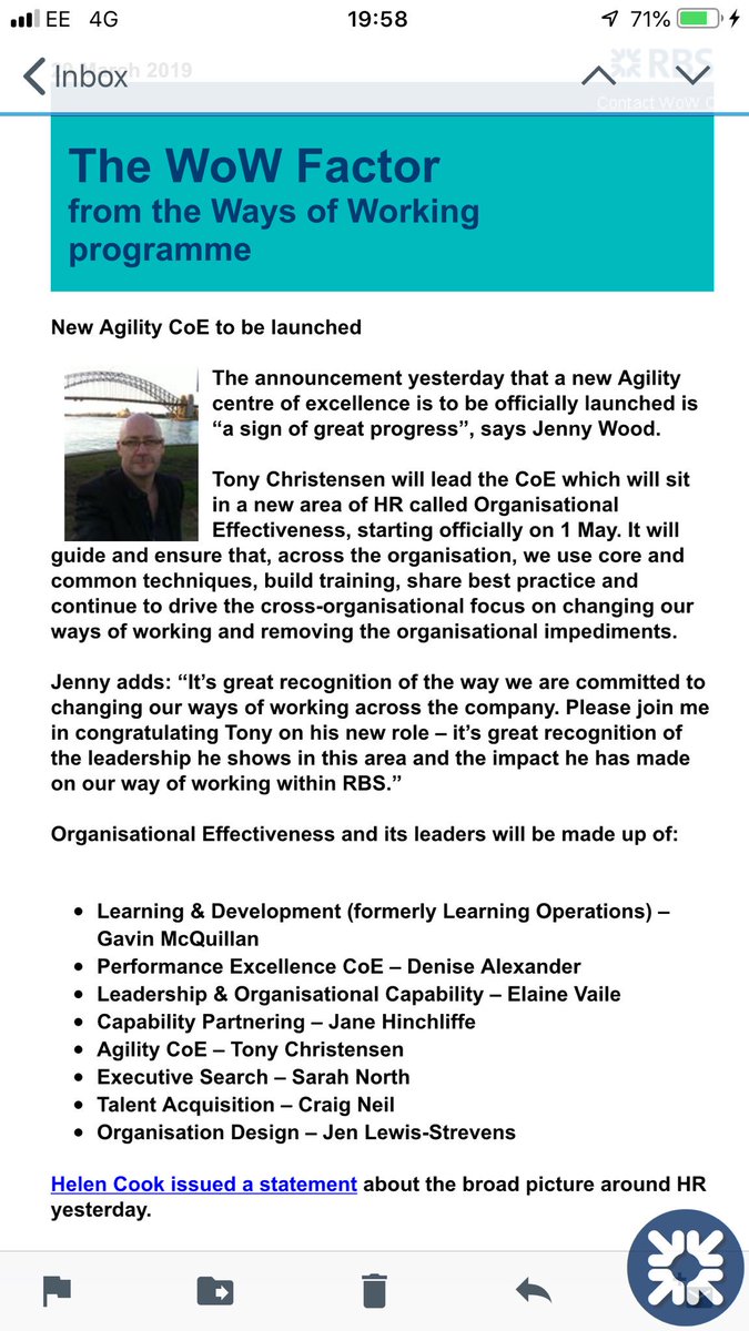 Well it’s official. We have moved Agile to a new level in RBS. We have created the Agility CoE within HR as part of the Organisational Effectiveness CoE