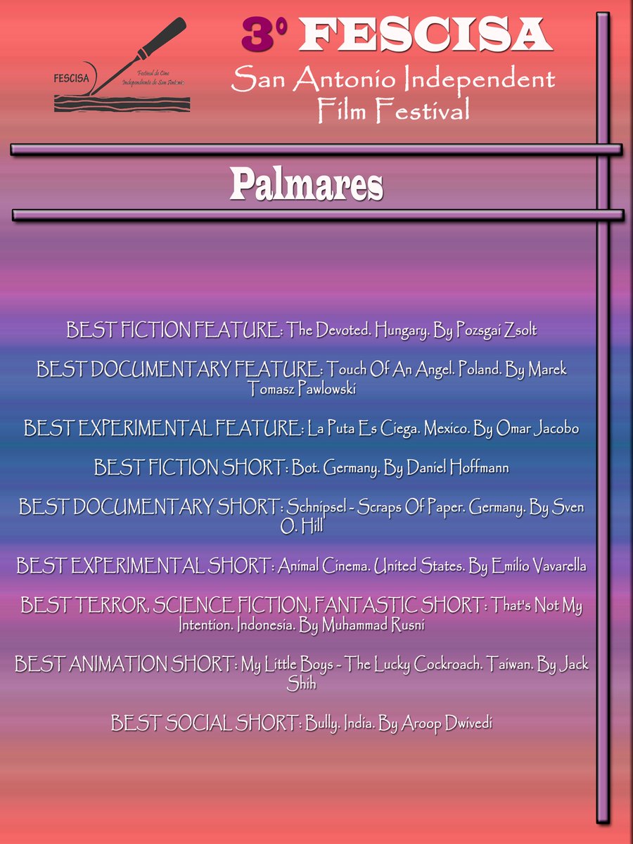 fescisa's tweet photo. In the San Antonio Independent Film Festival more than 900 films were presented to competition, from 77 countries. On April 05, 2018, the jury's verdict was read, which was as follows: https://t.co/3M68OHRGK9
