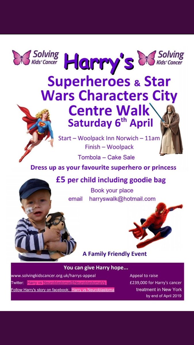 Not long now! Book your place on Harry's Superheroes &amp; #StarWars walk. It starts 11am at The Woolpack #Norwich city centre on Saturday 6th April. We'll be joined by some very special guests...😁 
solvingkidscancer.org.uk/campaigns/harr…
#HarrysHeroes