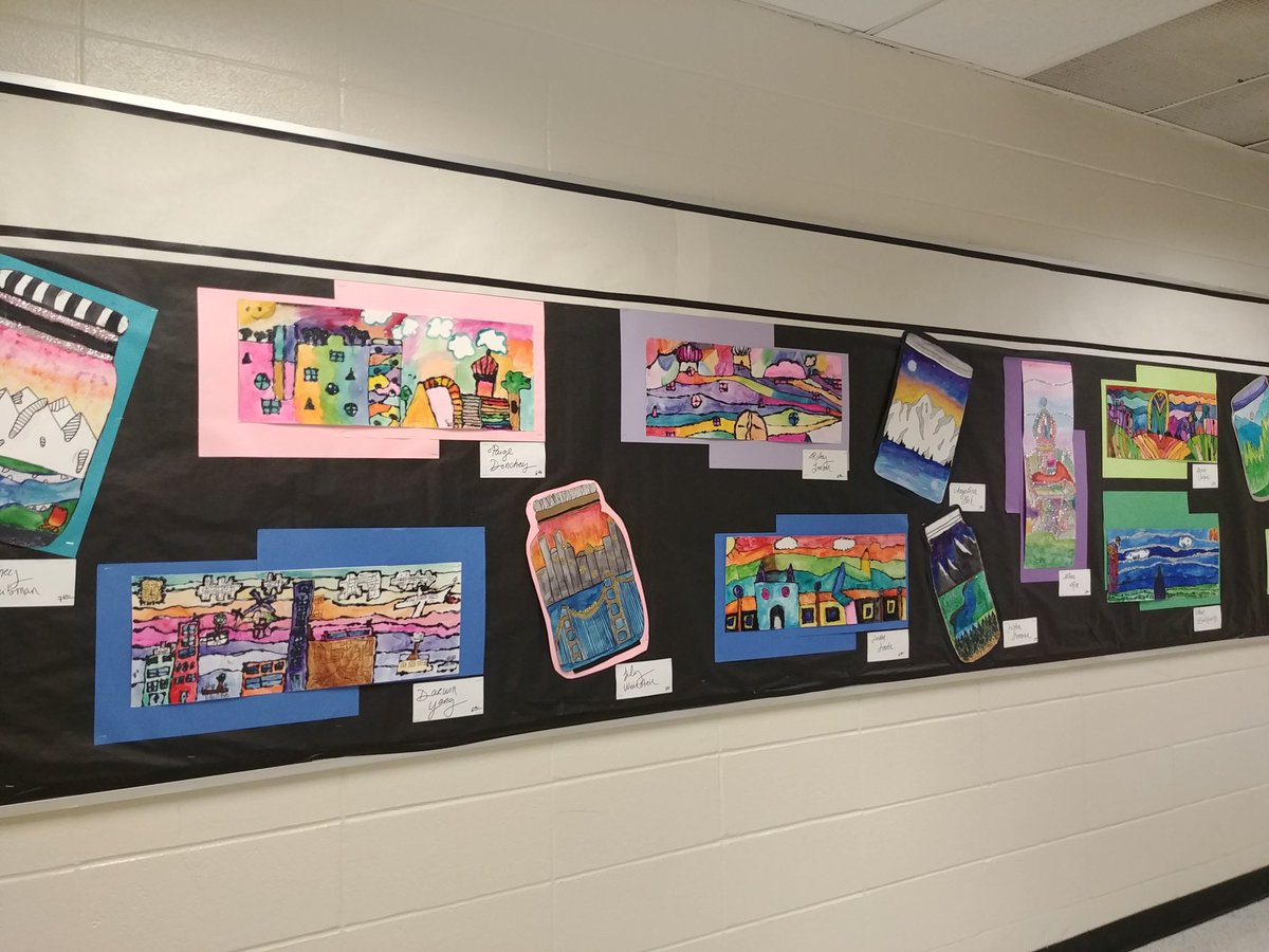ArtWithSig's tweet photo. Hundertwasser inspired landscapes (Grade 6) and terrarium landscapes (7th). #middleschool #middleschoolart #hundertwasser #landscapes #imagination #create #inspire https://t.co/65iYEYUbMq