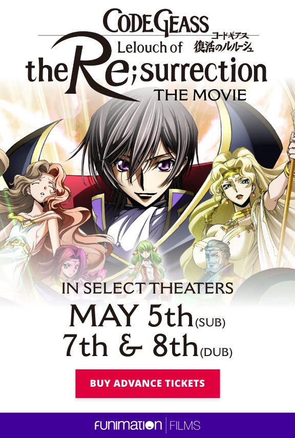 Wtk Code Geass Lelouch Of The Re Surrection Pre Sale Tickets Available Select Theaters Sub 5 5 Dub 5 7 5 8 T Co Ioobf87y7h T Co Wnxozaulod T Co Wf0qr8jx0u T Co Cguksmnewm T Co Kyyu9wwm8i