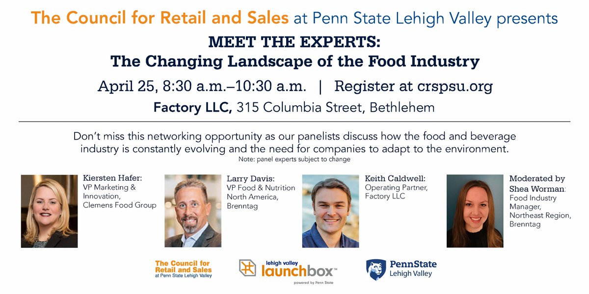 crspsu's tweet photo. Introducing MEET THE EXPERTS: The Changing Landscape of the Food Industry!  Join us as our experts discuss how the food and beverage industry is constantly evolving and the need for companies to adapt to the environment.  Reserve your spot for FREE! #crspsu #retail #sales https://t.co/7isif7n1OR