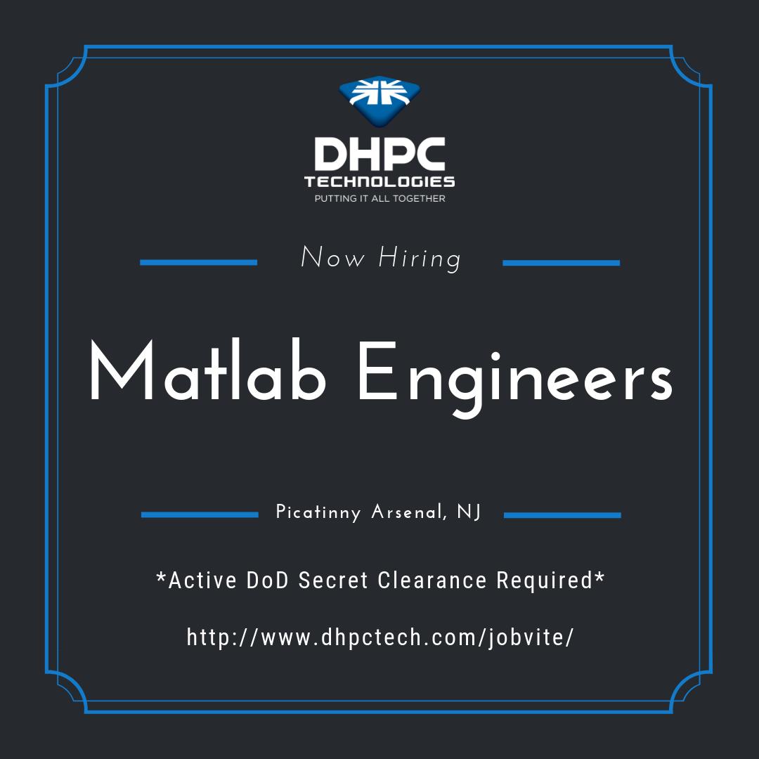 DHPC_TECH's tweet image. DHPC Technologies has an exciting opportunity for a Matlab Engineer join our team!

This position is located in Picatinny Arsenal, NJ.

If interested, apply now or refer a friend! jobs.jobvite.com/dhpctech/job/o…
.
dhpctech.com

#NewJersey #DHPC #Matlab #Engineer #Defense