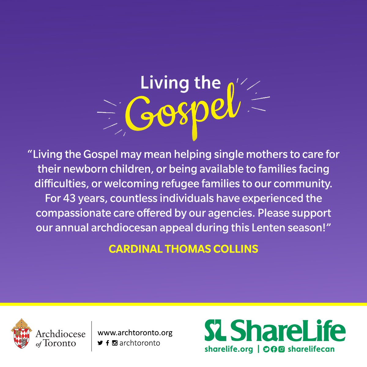 ShareLifeCan's tweet photo. In advance of this weekend's ShareLife Sunday collection, Cardinal Collins invites you to live the Gospel by providing for those in need. Thank you for your support! https://t.co/oureEf8dL3