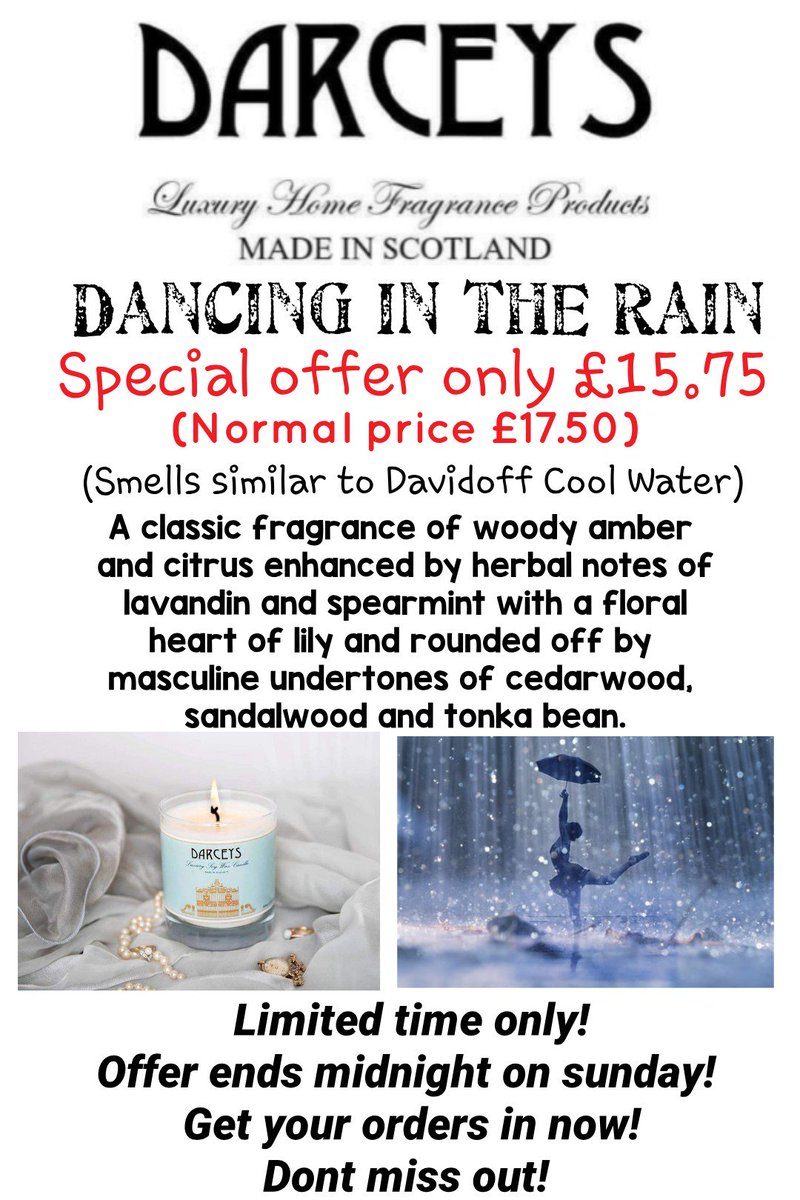 Special offer ends Sunday. Inbox me to order. Normal price of this candle is £17.50 now it's only £15.75 #bargain #dancinginrain #specialoffer #luxuryscents #luxurycandles #perfume #aromabeads #melts #soywax #waxmelts #scent #candle #reduced #homefragrance #home #decor #rain