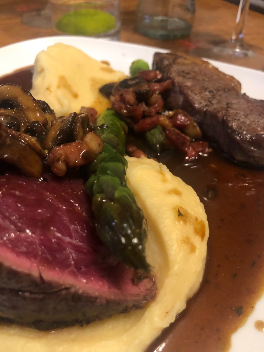 thomasstandley's tweet photo. Banging Dexter Medley - good call Dan ⁦@dorkingbutchery⁩ - fillet cooked blue + mini sirloin. Not the best shot, as we’re so glutinous, was a bit sloppy. Served with new season asparagus, our Unami mash, wilted spinach and a bordelaise sauce! ⁦@CherylStandley⁩ bingo! https://t.co/zFX6VlECym