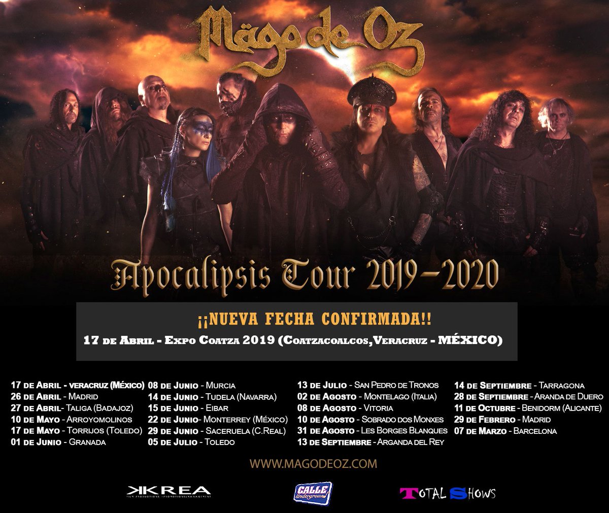 MAGODEOZOFIC's tweet photo. ¡¡NUEVA FECHA CONFIRMADA!!
México, ¡¡nos vemos en nada!! El próximo 17 de Abril, Mägo de Oz estarán en la Expo Coatza 2019, de Coatzacoalcos, Veracruz

¿Quién se viene?

#MagodeOz #IraDei #ApocalipsisTour https://t.co/JLiZI4dyBk