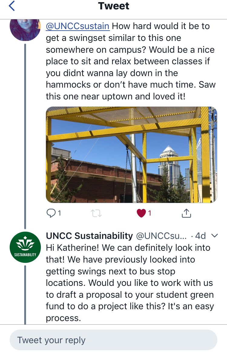 UNCCsustain's tweet photo. A student had an idea this Monday, had a proposal to @UNCC_CGI by Tuesday, and it got funded Friday (today). Thanks to her idea, you can now enjoy swinging benches at Hech Lake, Davis Pond, and botanical gardens. #UNCC https://t.co/kHTvujljiO