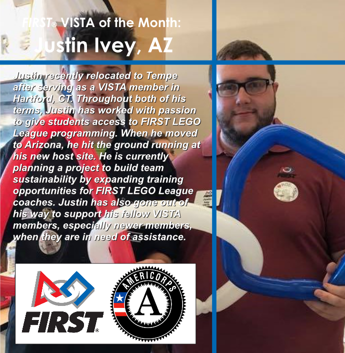 FIRSTVISTA's tweet photo. Justin Ivey in Tempe, AZ was selected as our February FIRST @AmeriCorpsVISTA of the month! Justin was nominated for his incredible efforts to expand student access to the @firstlegoleague program. To read more about Justin's work, visit https://t.co/ThRuKFbRNd. https://t.co/cLDIuPGtDm