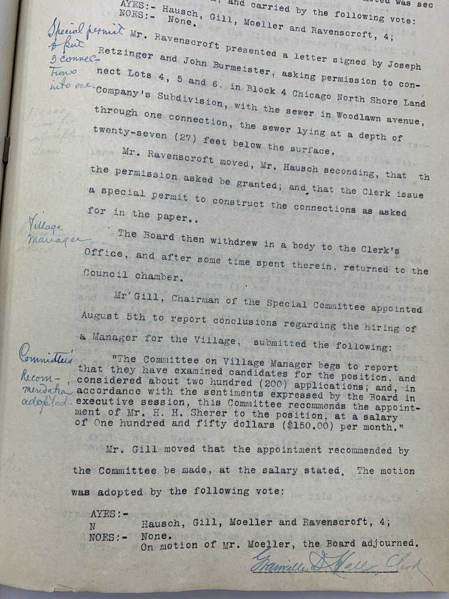 PhilKiraly's tweet photo. #Humbled to read through @VGlencoe’s Board minutes from 1914 where they discussed hiring their first #VillageManager. 1st VMgr hired in Illinois, 13th in the nation. I’m only the 8th VMgr in 105 yrs. Great way to celebrate the #Glencoe150 @ICMA @ELGL50 @ILCMA https://t.co/8TbN11hEb5