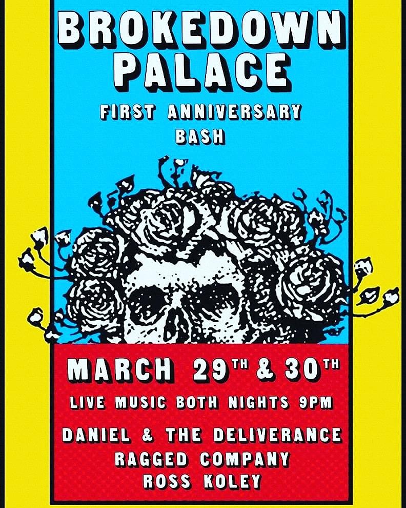 Join us for our First Anniversary Bash starting tonight! We'll have live music with Daniel &amp; the Deliverance tonight at 9pm and Ragged Company on Saturday! Drink specials and a FREE Raffle with multiple prizes including a flat screen TV. #FirstAnniversary #BrokedownPalace